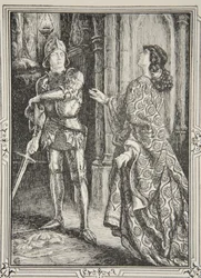 Odłóż od siebie ten miecz, ilustracja z "Opowieści o królu Arturze i Okrągłym Stole" Beatrice Clay, wydanie pierwsze, 1905 r.